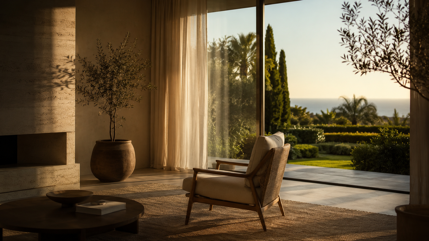 Outside, a glimpse of the Mediterranean in the distance