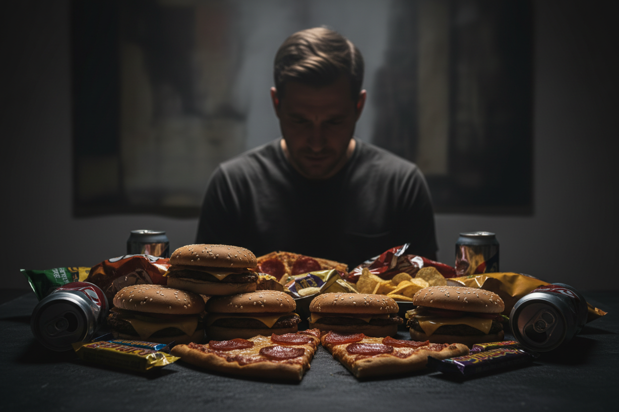 a lot of junk food in low exposure and man in the bakcground looking down on it 