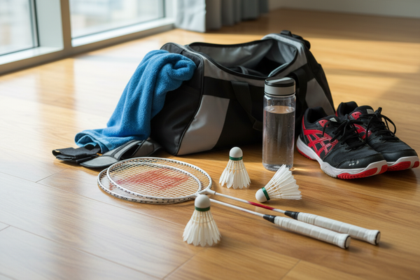 badminton rackets and things on the floor 