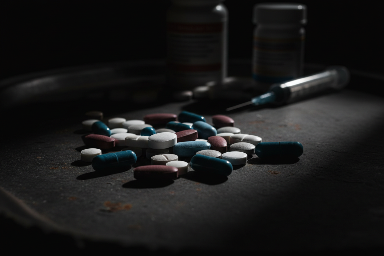 drug addiction close up of pills in low exposure