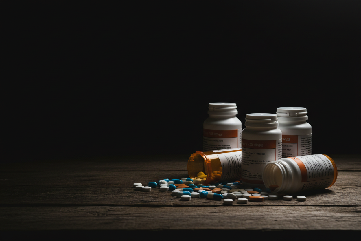 prescription drugs on a table low exposure, right of frame 