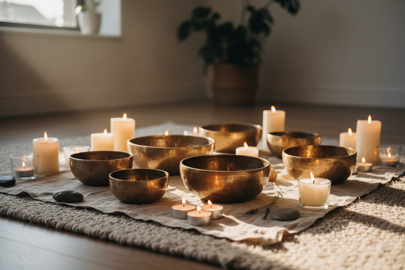 sound therapy session with bowls and candles