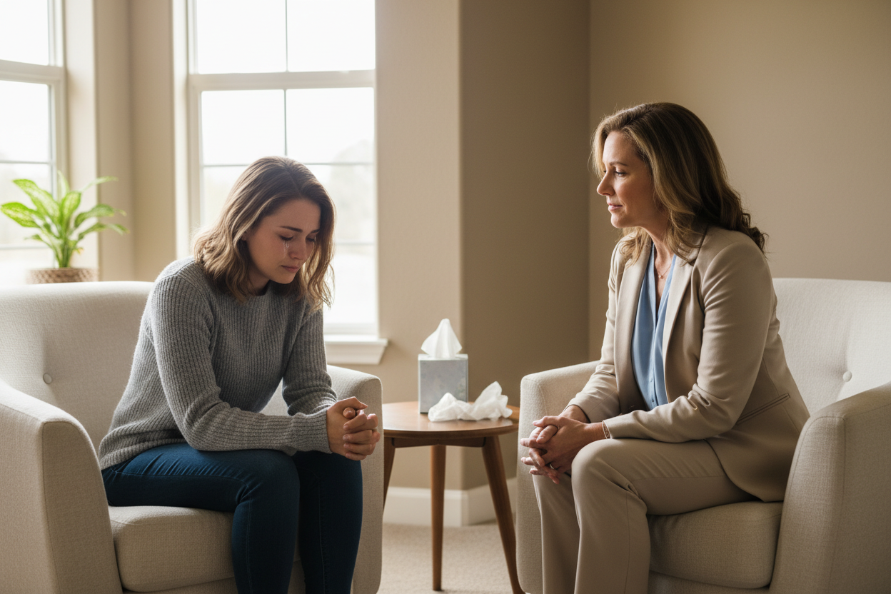 therapy session with woman who has bulimia and is upset 