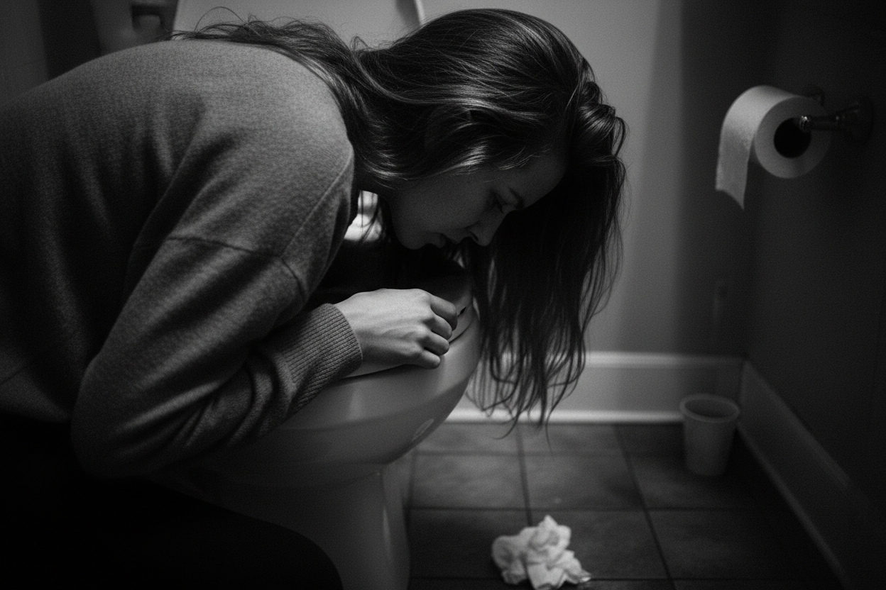 woman throwing up over a toilet close up lower exposure 